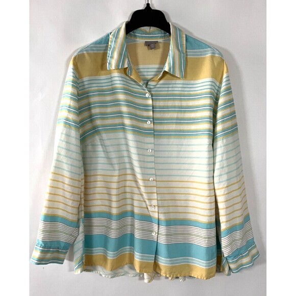 J. Jill Silk Top 2X Button‎ Up Long Sleeve Stripe Classic Nautical Work Classic - Picture 2 of 9
